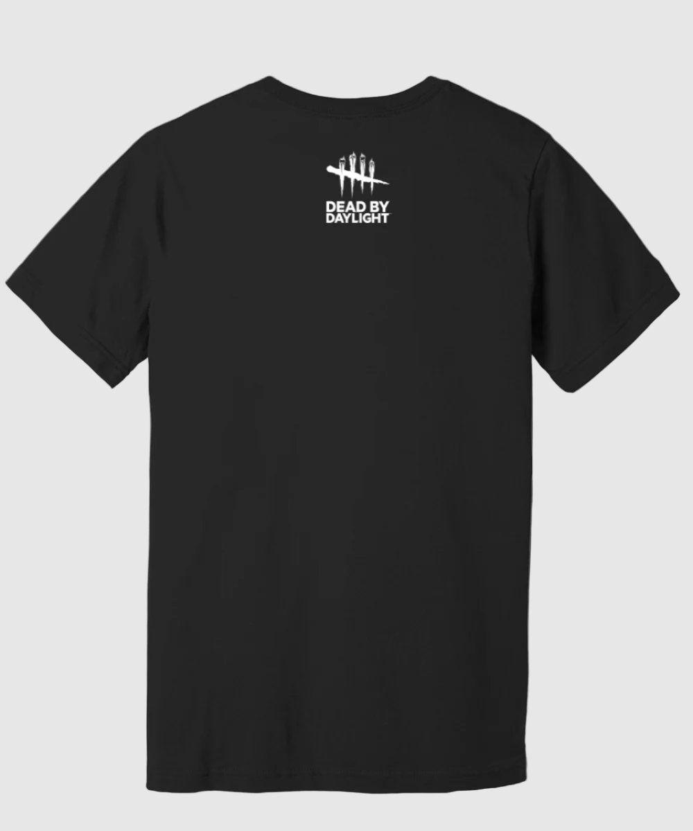 Black t-shirt with white Dead by Daylight logo on the back against a grey background