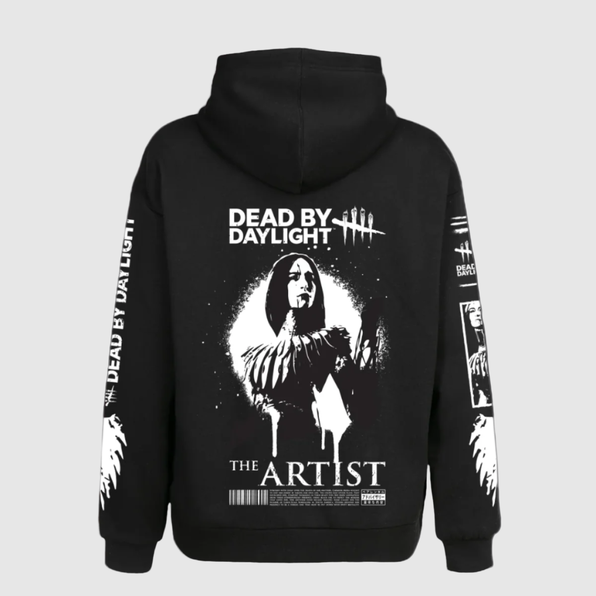 Black hoodie with 'Dead by Daylight' and 'The Artist' text, featuring a monochrome graphic of a character from the game.