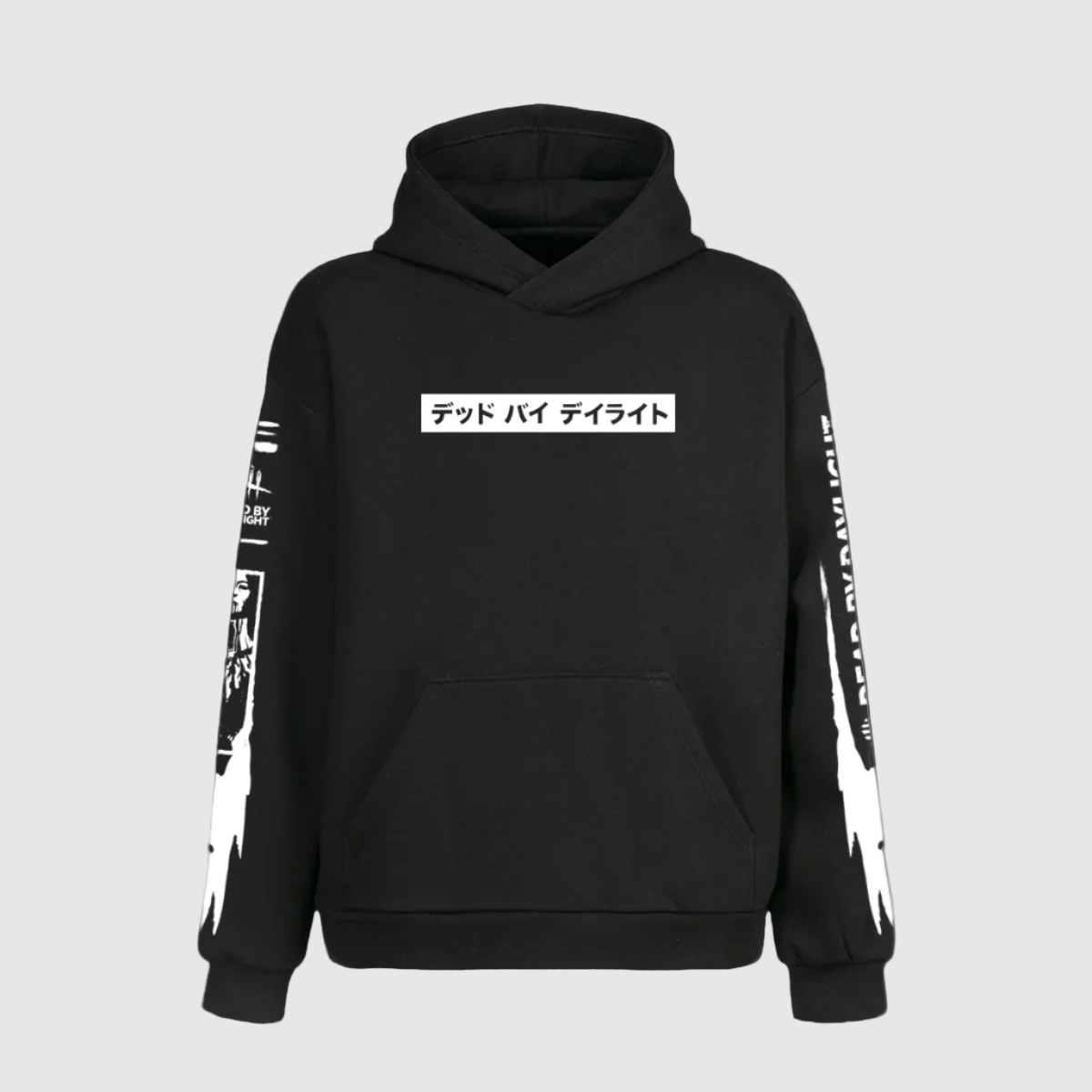 Black hoodie with white text and graphics on a white background