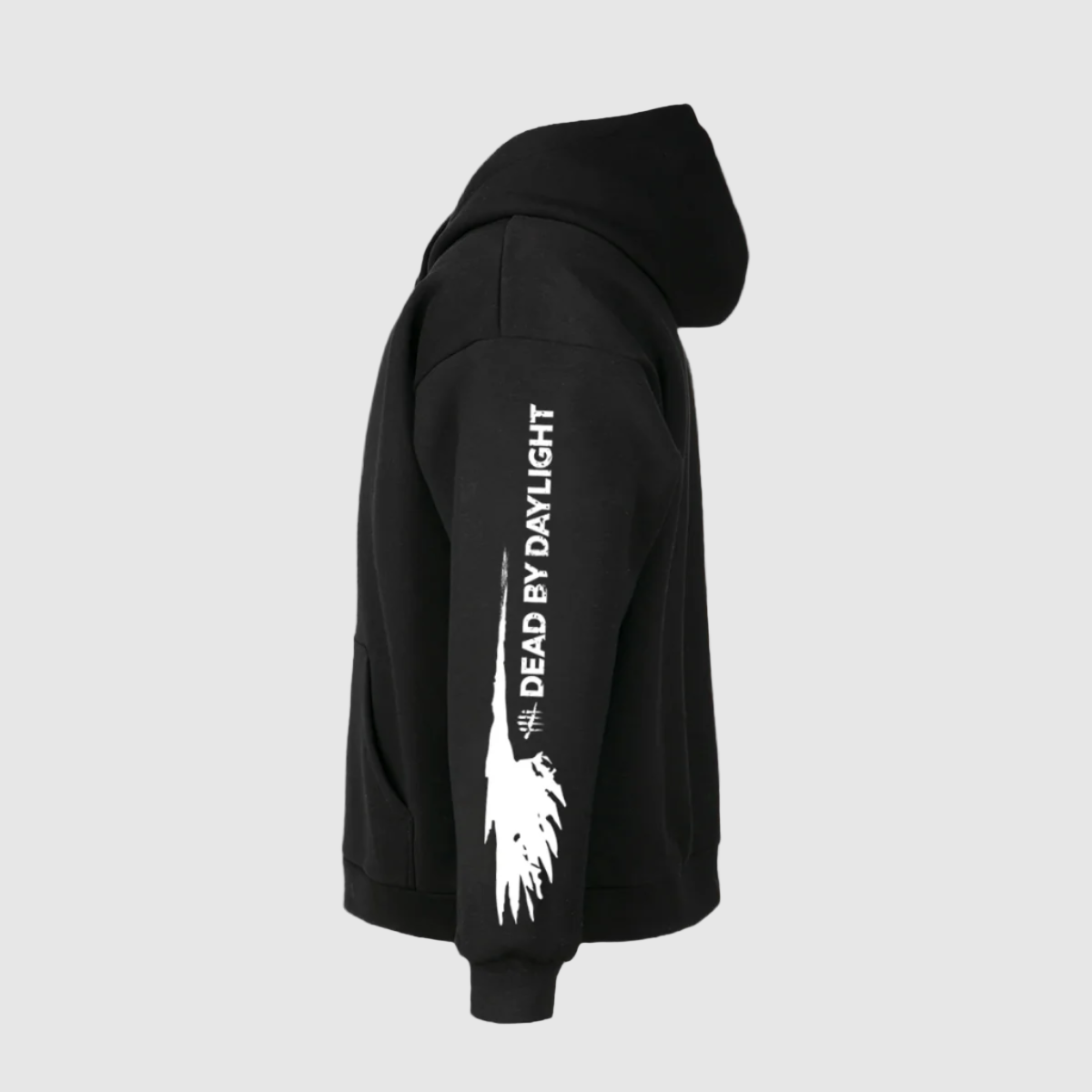 Black hoodie with white graphics and text on a white background