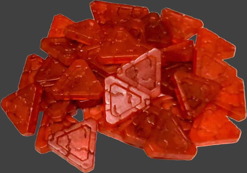 Red triangular tokens on a white background