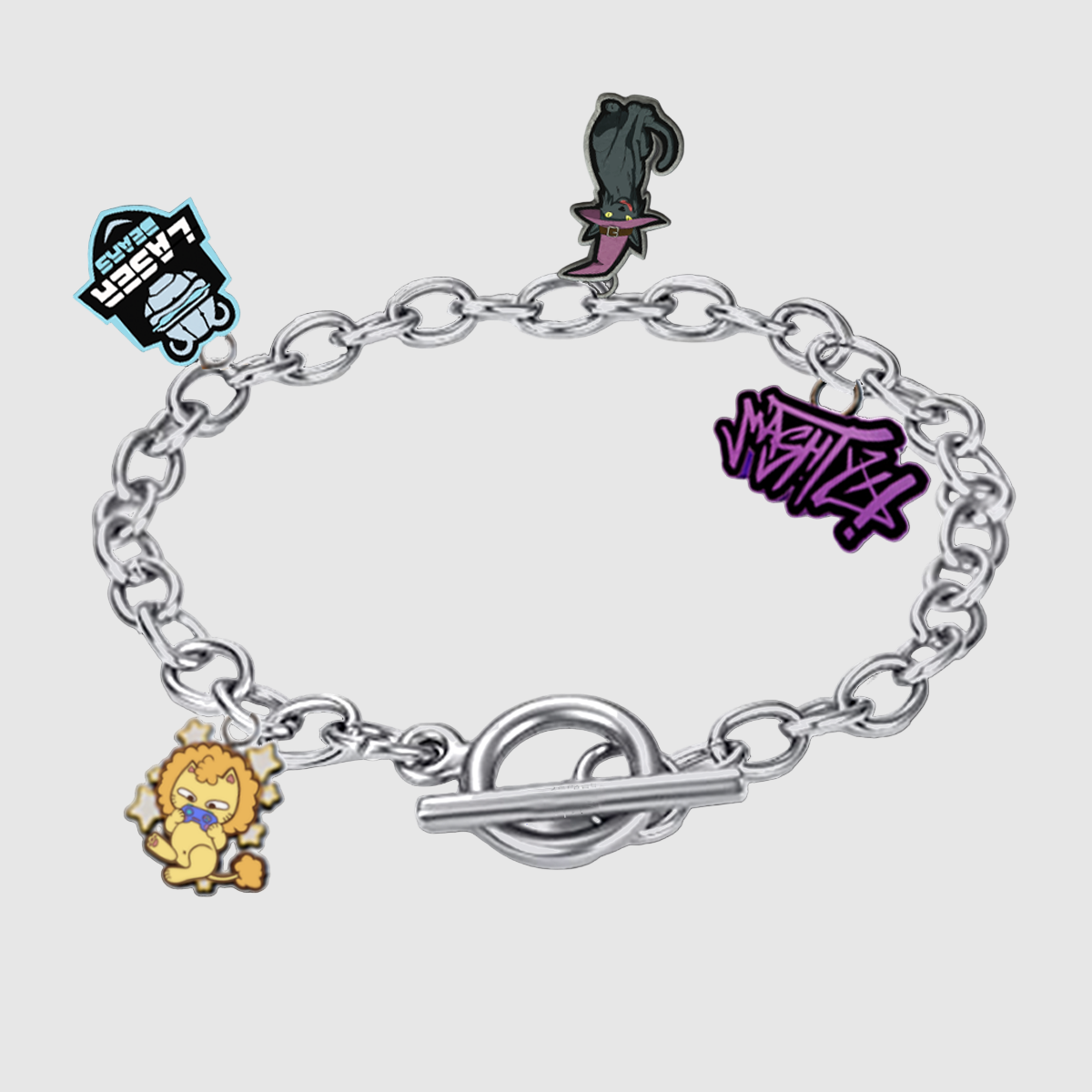A titanium steel bracelet with a chain link design featuring four charms including a bear, a cat, a lion, and a graffiti lettering charm.