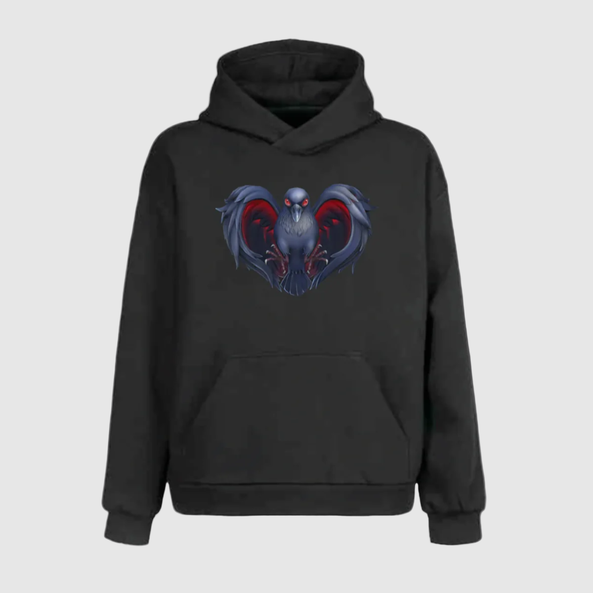 Black hoodie with a graphic of a heart-shaped bird on the front.