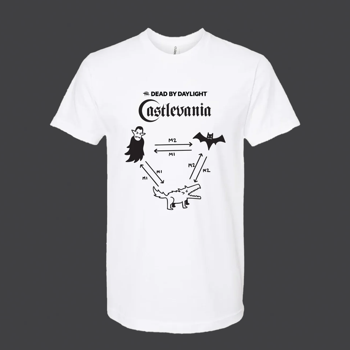 White t-shirt with black graphics and text on a black background