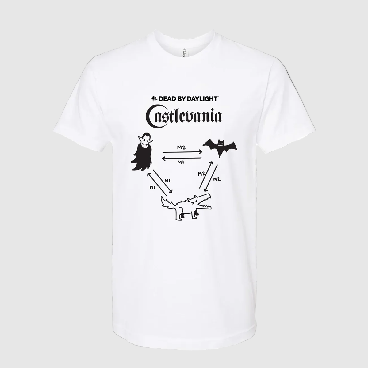 White t-shirt with black graphics and text on a black background