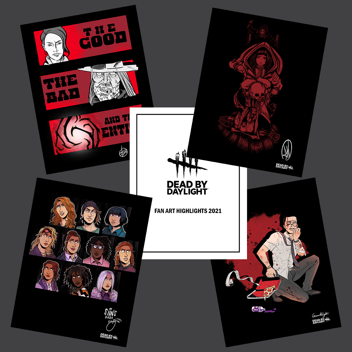 A collection of four 'Fan Art Highlights 2021' prints featuring various characters and motifs from the Dead by Daylight video game, presented on a dark background.