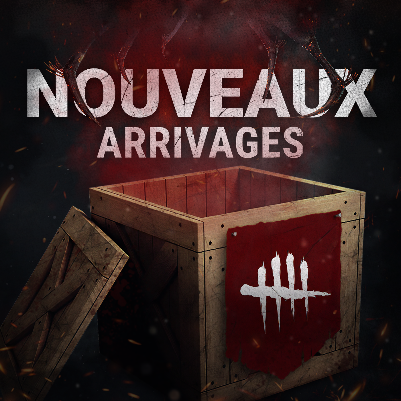 Wooden crate with a red banner featuring a white emblem on a dark background with text 'NOUVEAUX ARRIVAGES'.