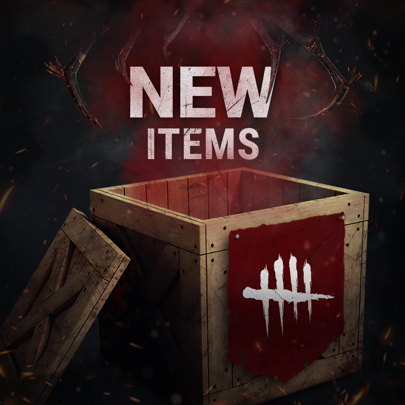 Wooden crate with red banner and 'NEW ITEMS' text on dark background