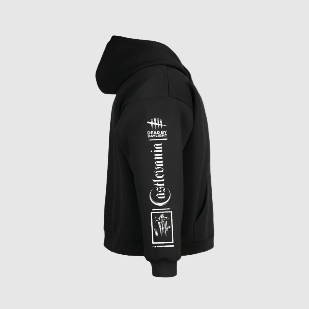 Black hoodie with white graphics and text on a white background