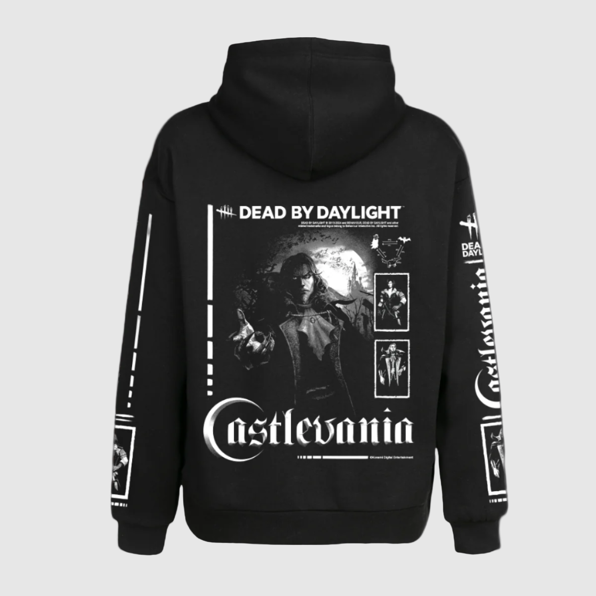 Black hoodie with 'Castlevania' text and character illustrations on the front and sleeves.