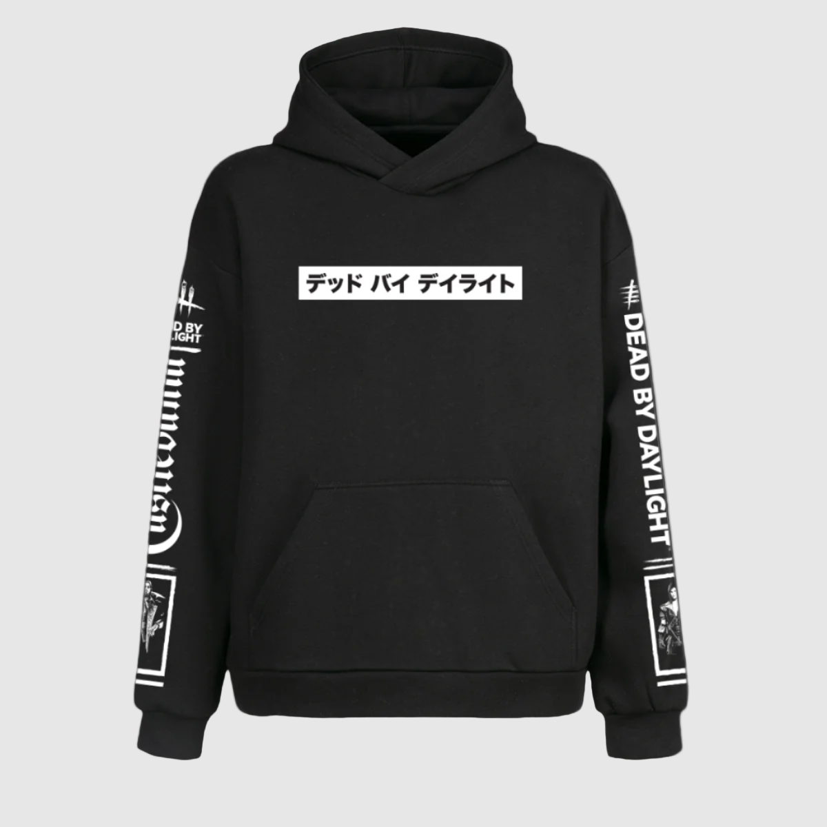 Front of black hoodie with white text and graphics