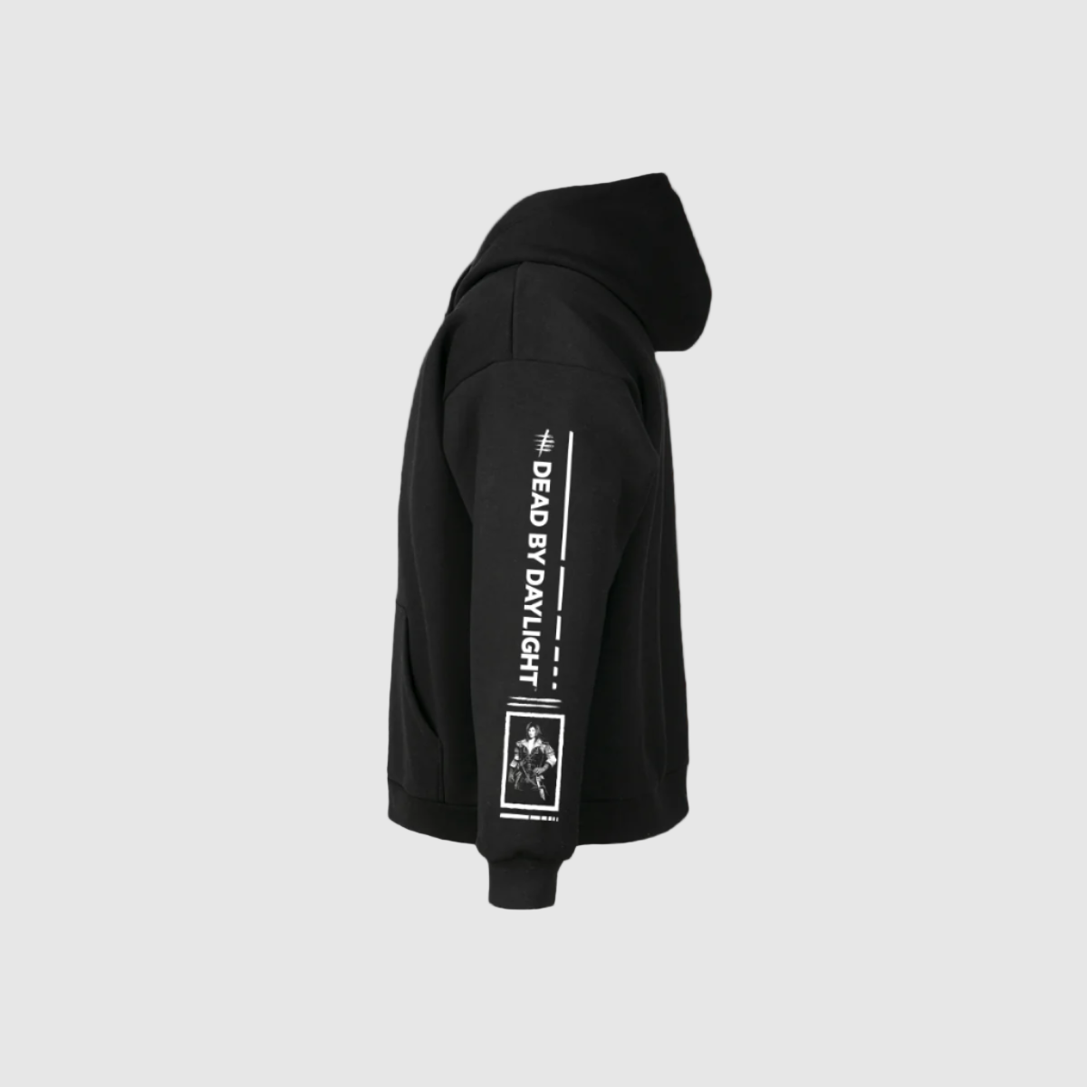 Black hoodie with white text and graphics on a white background - side view