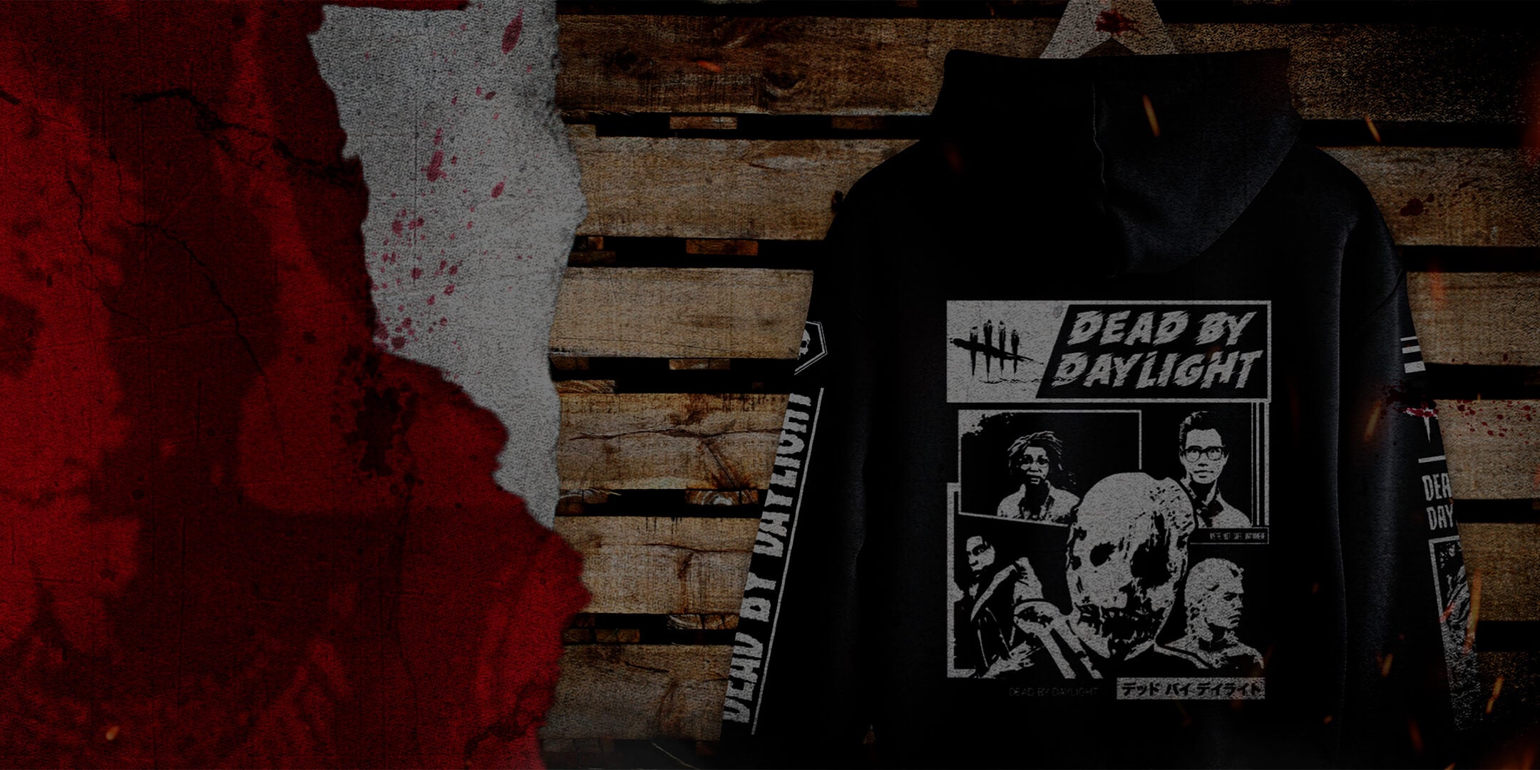 Hoodie with 'Dead by Daylight' design on a wooden background with red and black graphics.