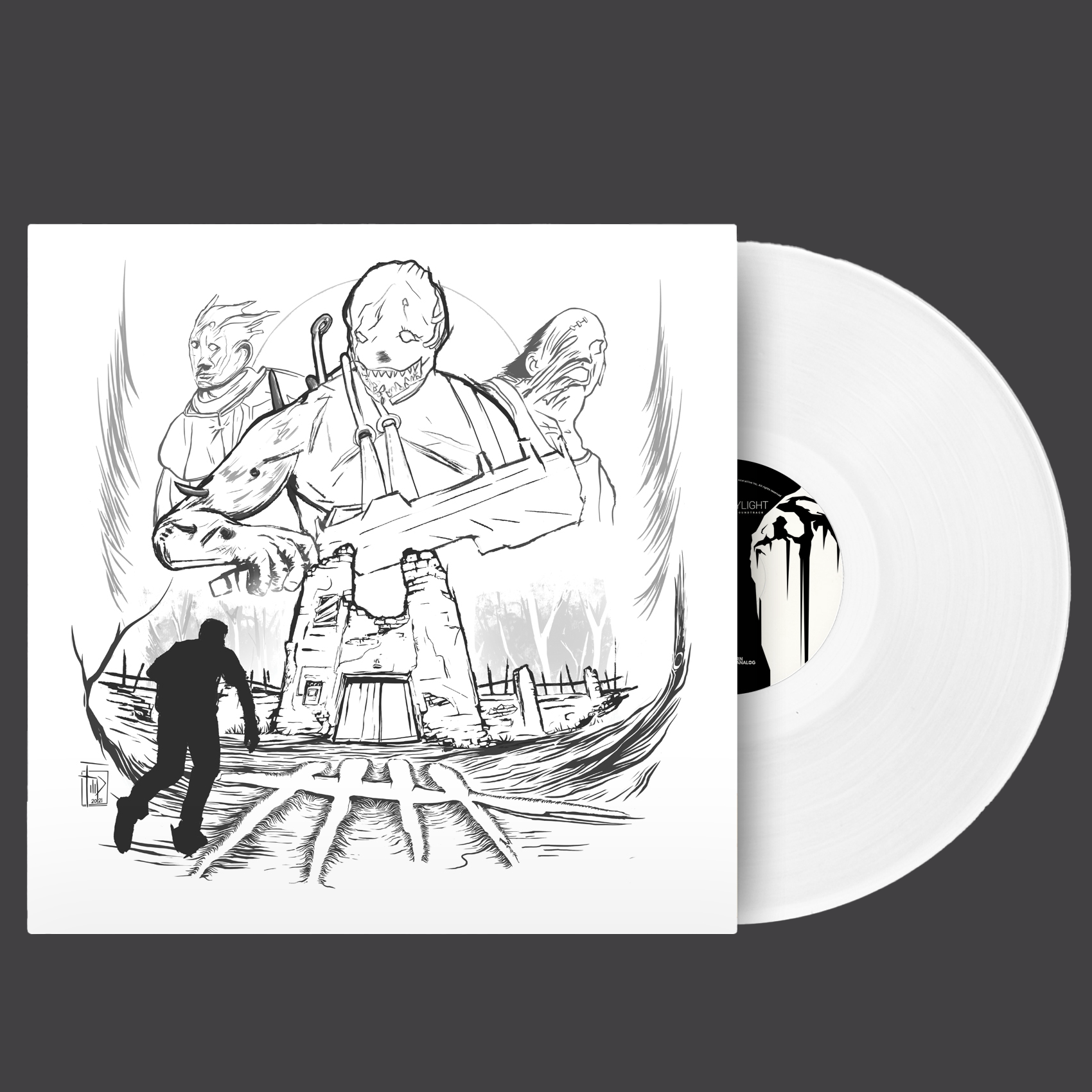 Vinyl record with a black and white illustration on the cover