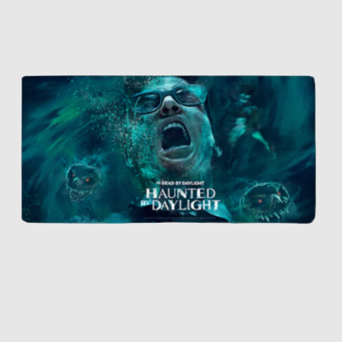 Gaming mat with 'Haunted by Daylight' in-game event key art, featuring Dwight in a spooky setting.