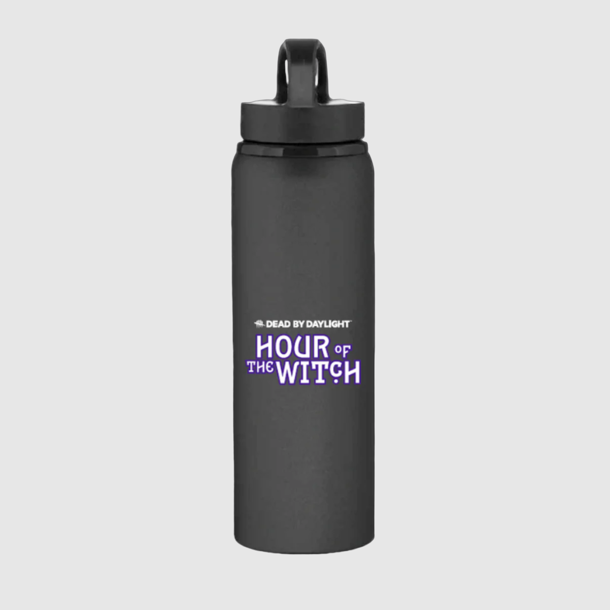 Black water bottle with 'Hour of the Witch' text on a white background