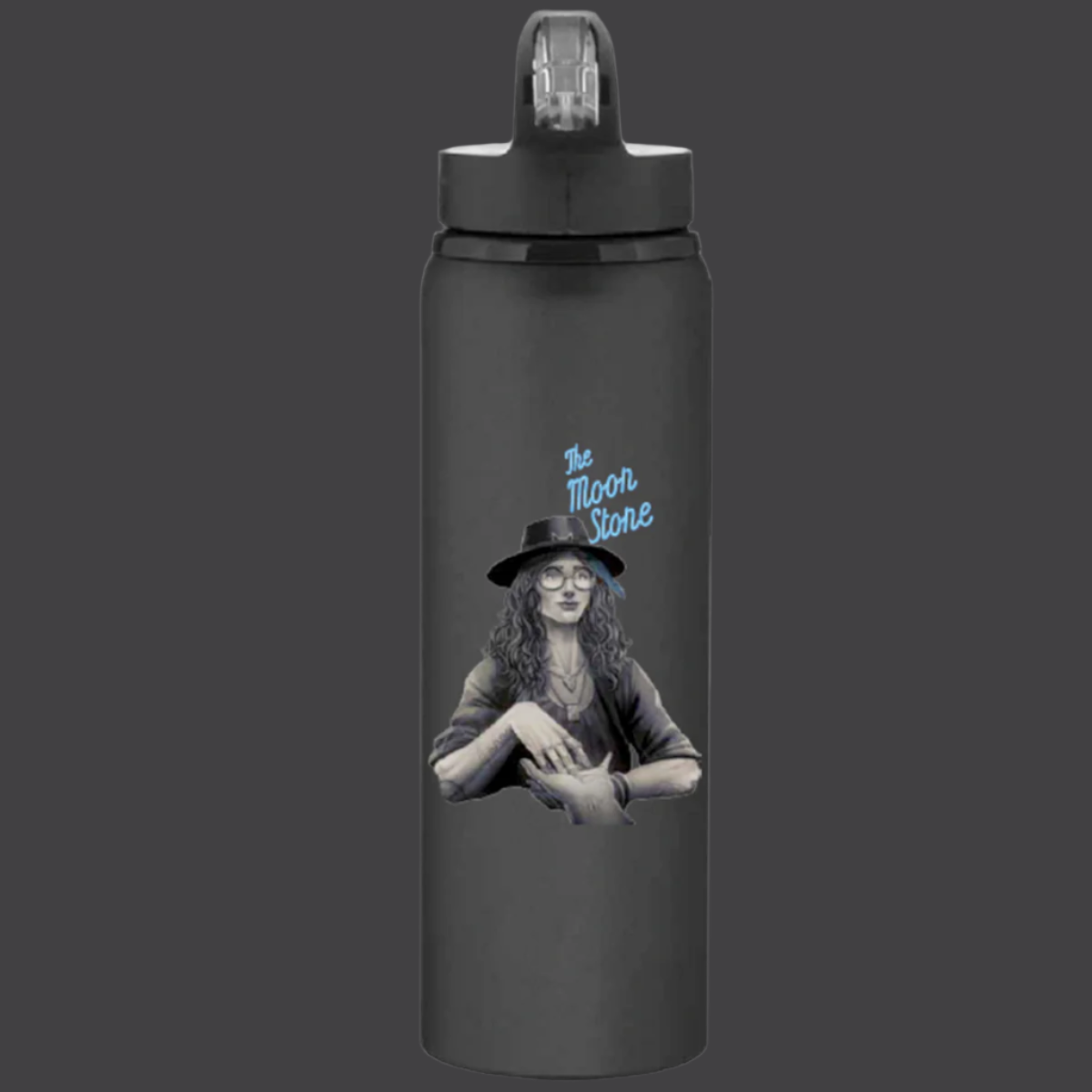 A black 28 oz. aluminum water bottle with a pearlized matte finish, featuring Mikaela Reid and the text 'Hour of the Witch'.