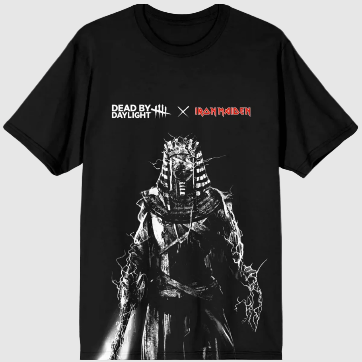 Black t-shirt featuring a graphic of Iron Maiden character Pharaoh Eddie with a pharaoh mask and the text 'Dead by Daylight x Iron Maiden' on the chest.