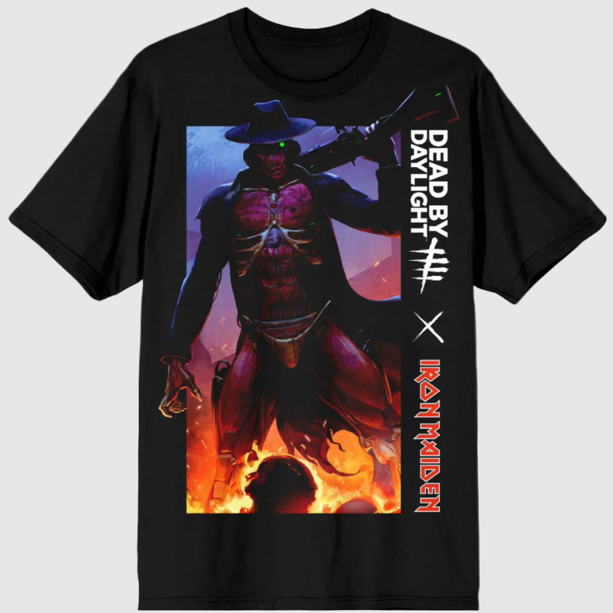 Black t-shirt with a graphic print of a character from Dead by Daylight x Iron Maiden, featuring flames and a dark aesthetic.