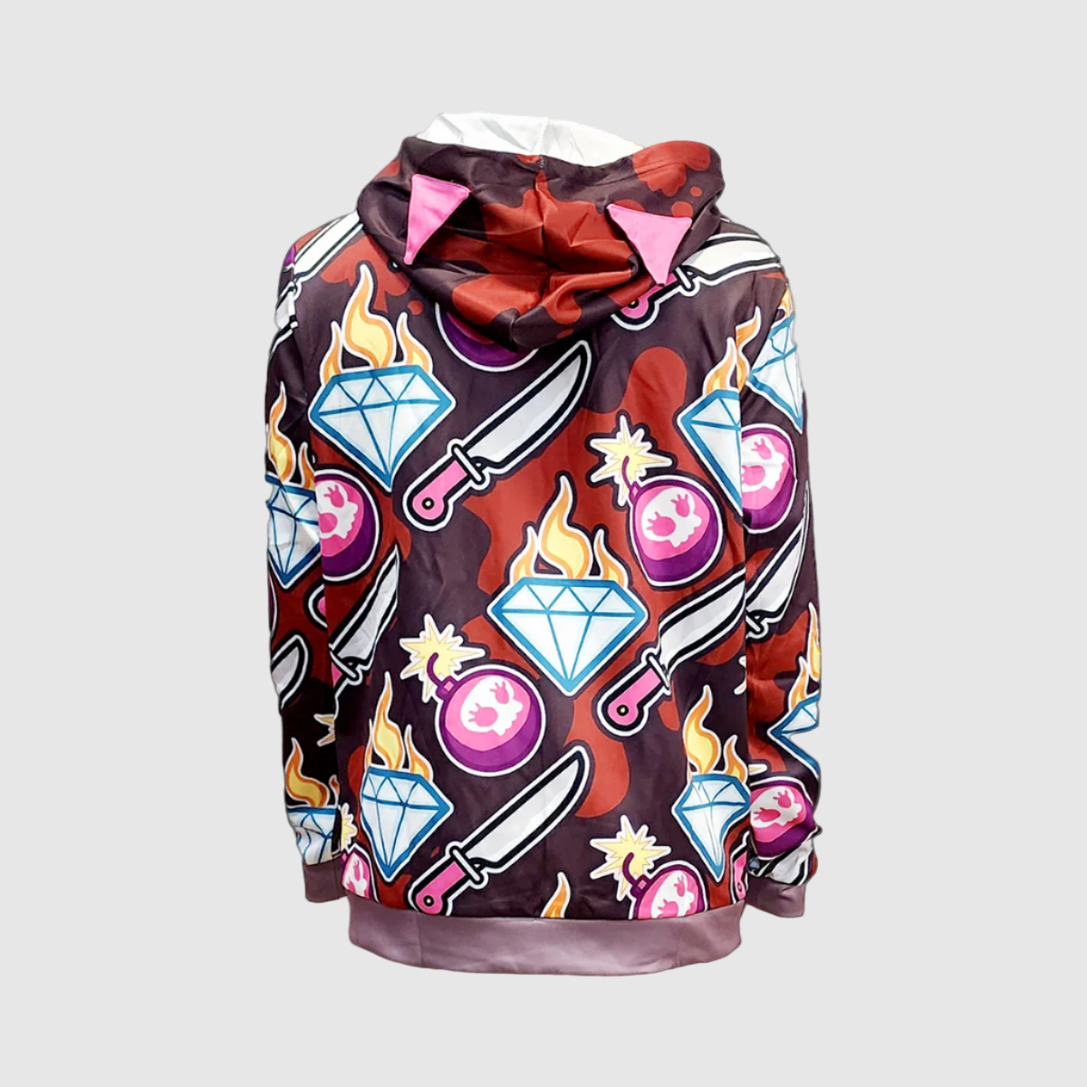 Hoodie with colorful diamond, knife, and bomb pattern on dark background