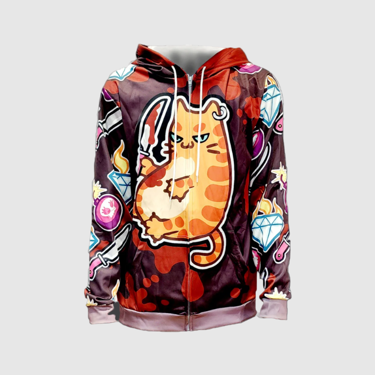 A multicolored hoodie featuring a graphic of a cartoon kitten with a diamond and gemstone pattern.