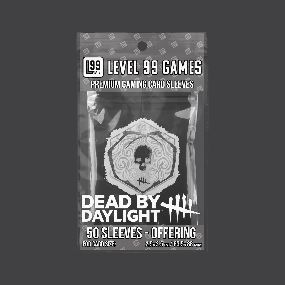 Packaging of gaming card sleeves with a skull design on a dark background.