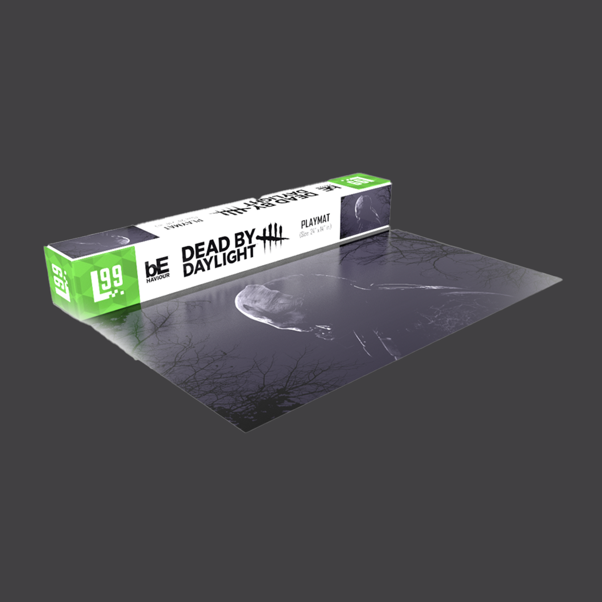 A rolled-up gaming mat with 'Dead by Daylight' branding, featuring a silhouette of The Trapper, placed next to its packaging.