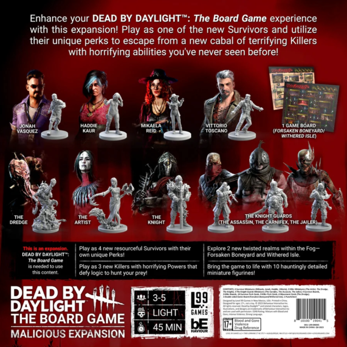 Board game expansion packaging with character figures and text on a red background.