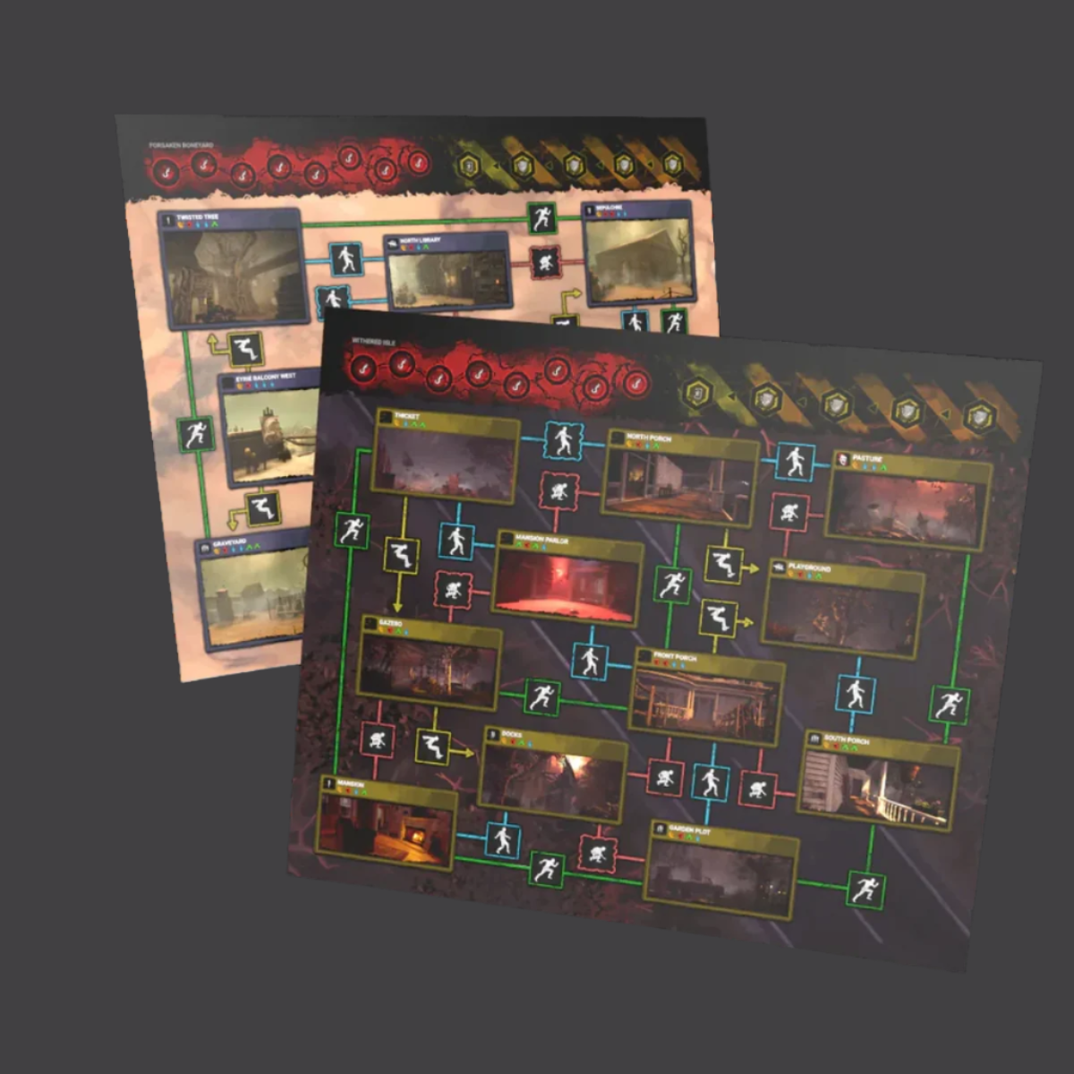 Two gaming maps with detailed layouts and icons on a dark background.