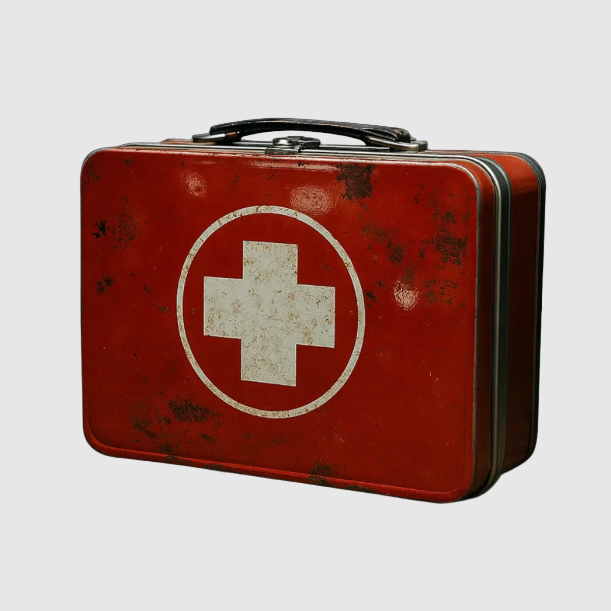 A red lunch box with a white medical cross emblem on the front.