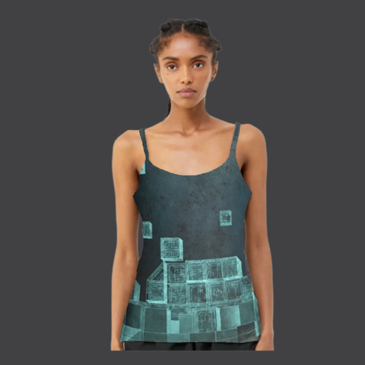 A woman wearing a green and black tank top with a geometric pattern.