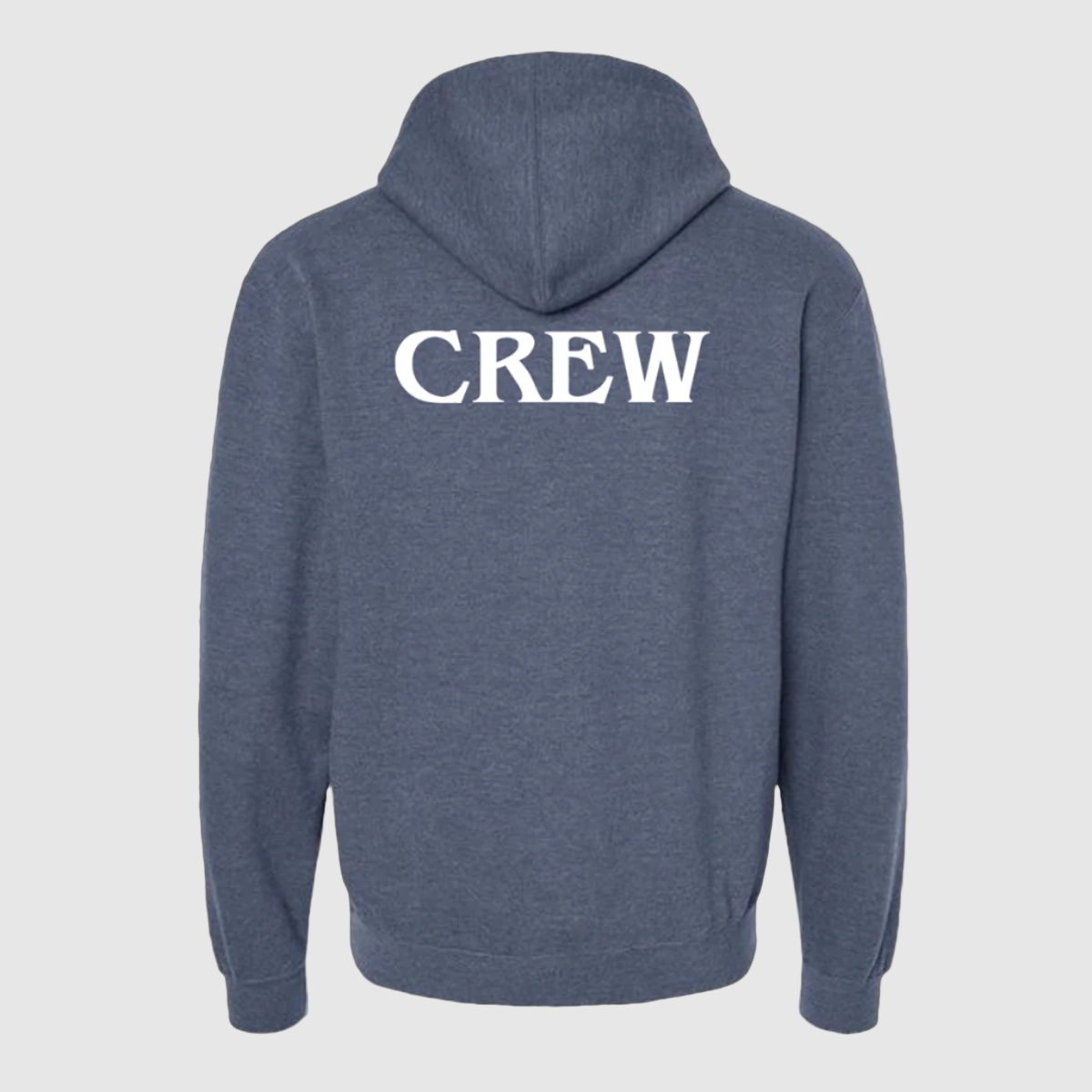 Blue hoodie with 'CREW' text on the back against a white background
