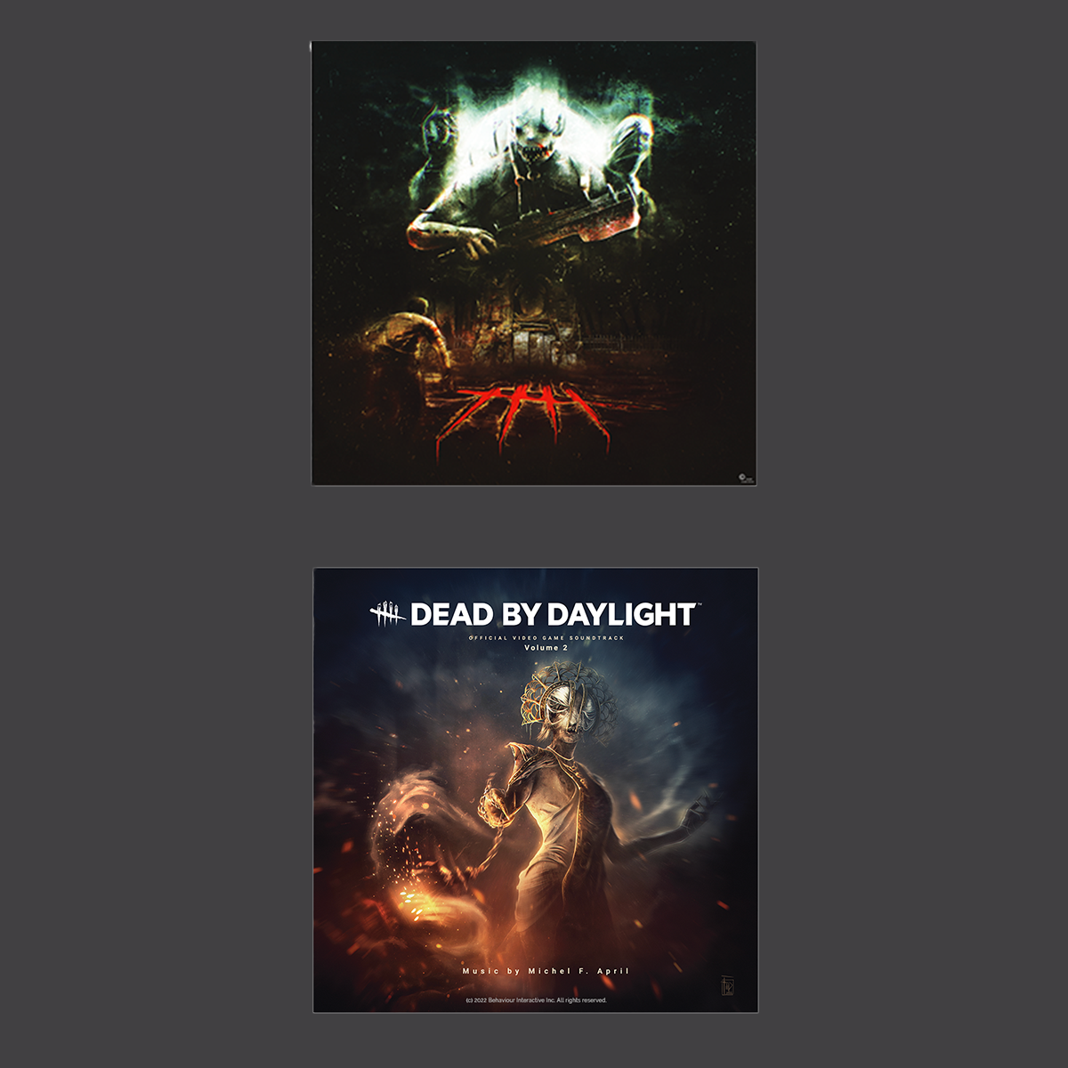 Two poster designs for 'Dead by Daylight', one depicting a dark, eerie scene with a figure and environment, and the other featuring The Plague from the game.