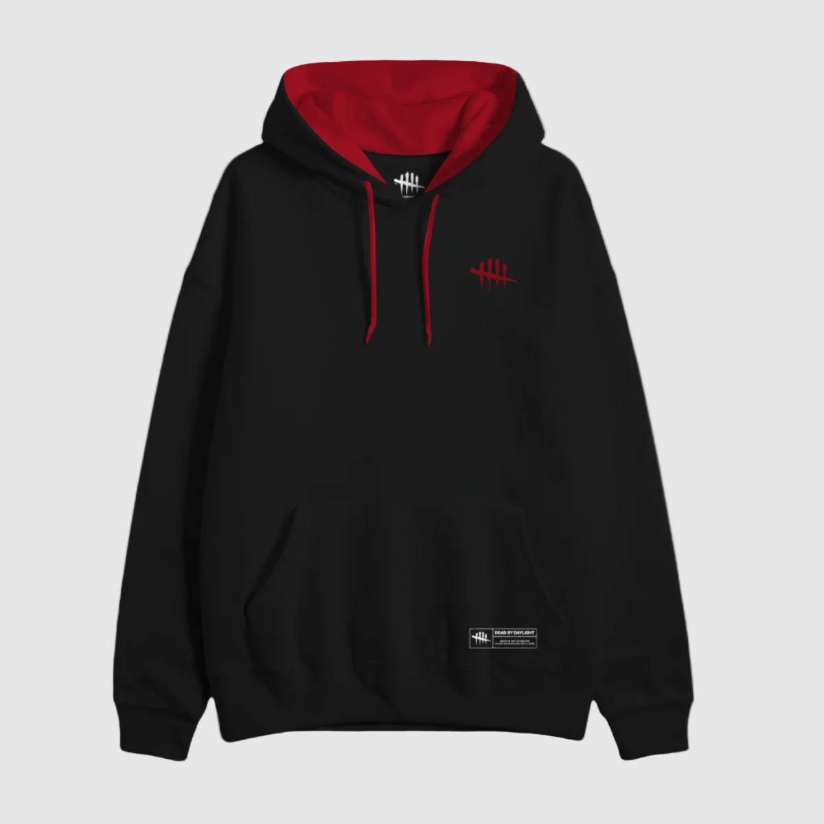 Black hoodie with red lining and red drawstrings, featuring the Dead by Daylight logo on the chest and a smaller logo on the pouch.