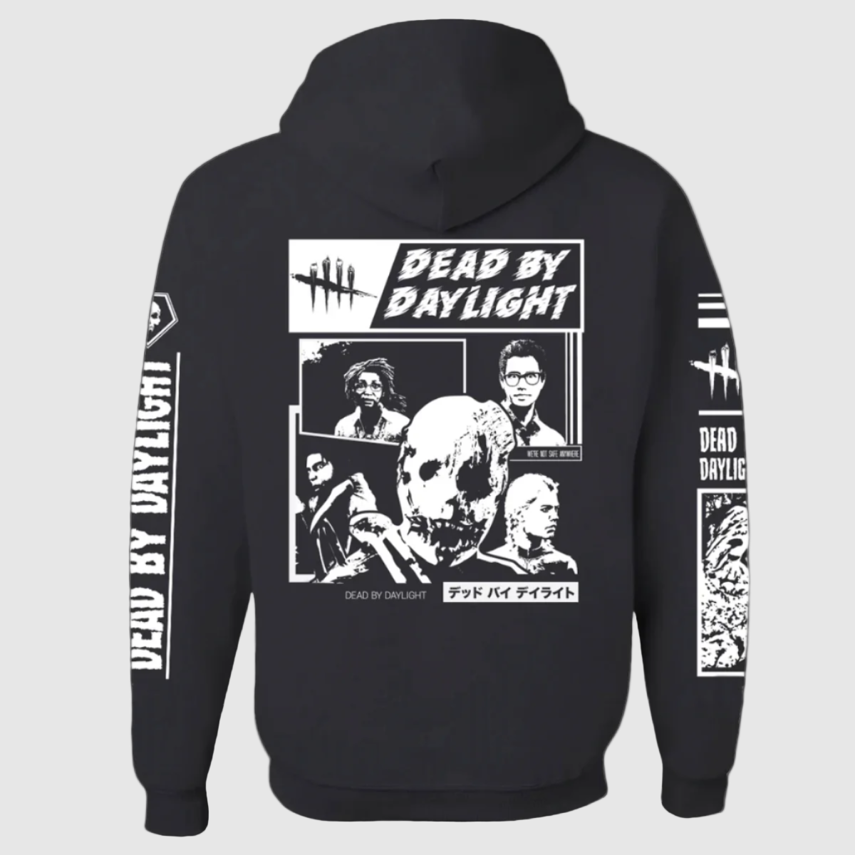 Black hoodie with 'Dead by Daylight' text and character illustrations on the back