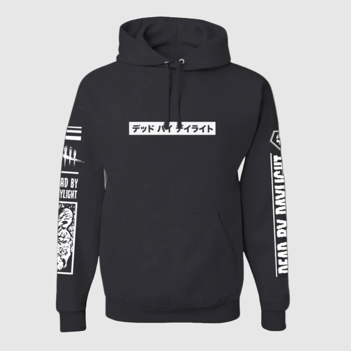 Black hoodie with white text and graphics on a white background