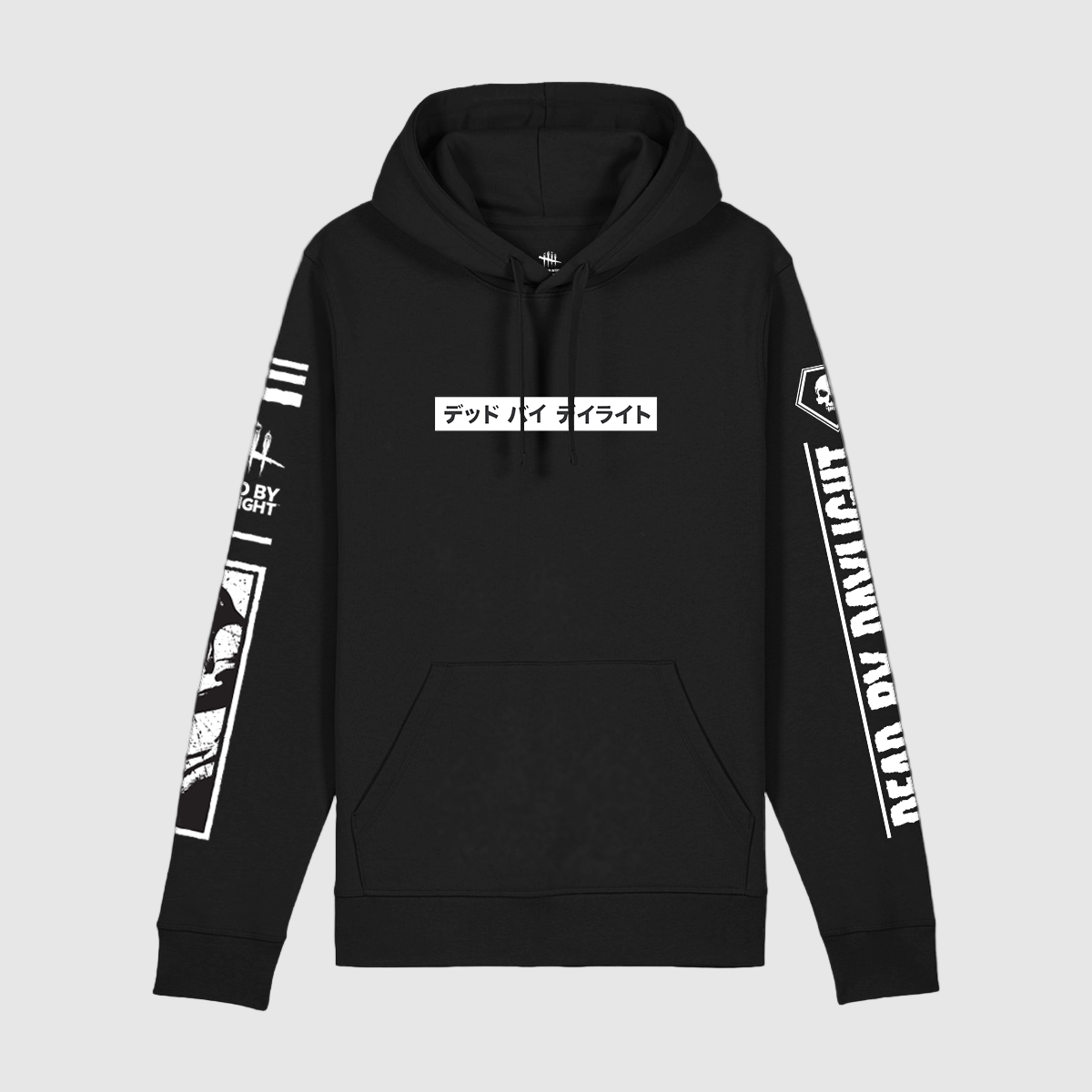 Black hoodie with white text and graphics on a dark background