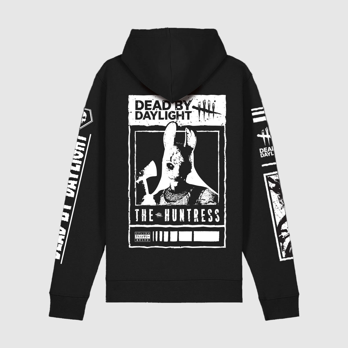 Black hoodie with 'Dead by Daylight' and 'The Huntress' graphic on the back and sleeves