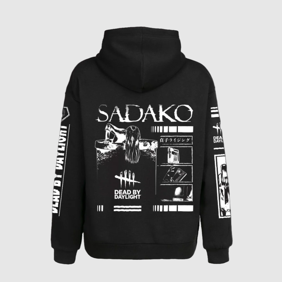 Black hoodie with white text and graphics, including the name 'Sadako' and various design elements related to a horror theme.