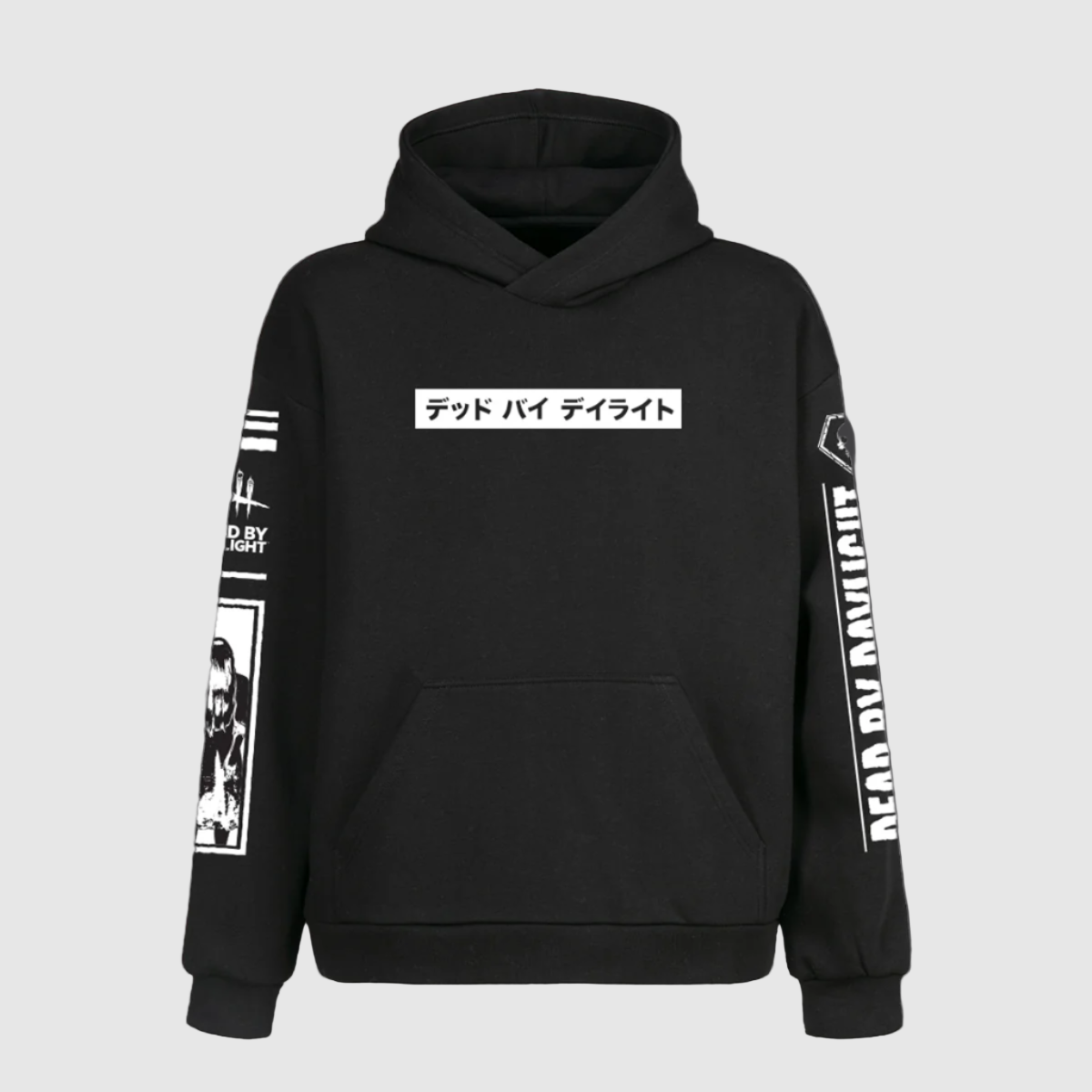 Black hoodie with white Japanese text and graphics on a white background