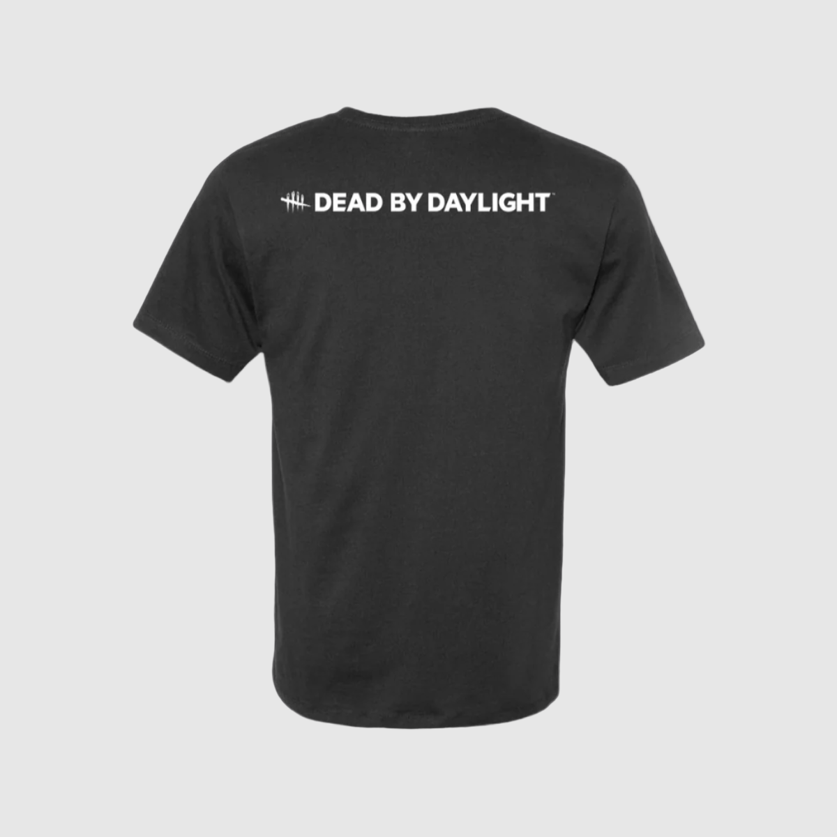 Black t-shirt with white text on a white background