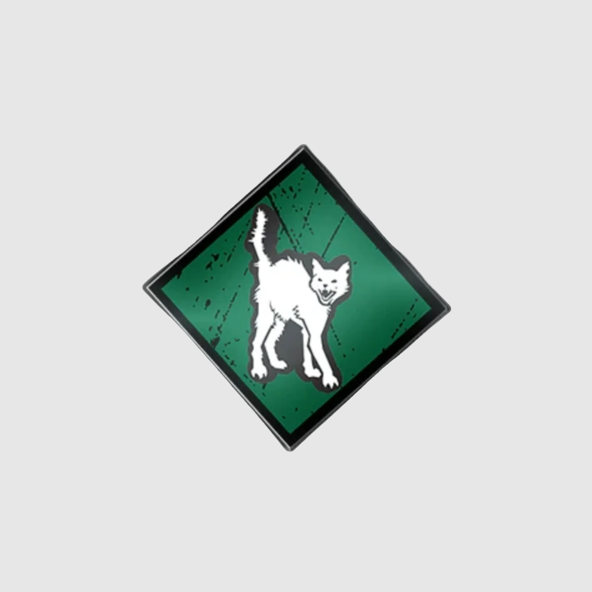 A square-shaped pin with a green background and a white silhouette of a cat in the center.