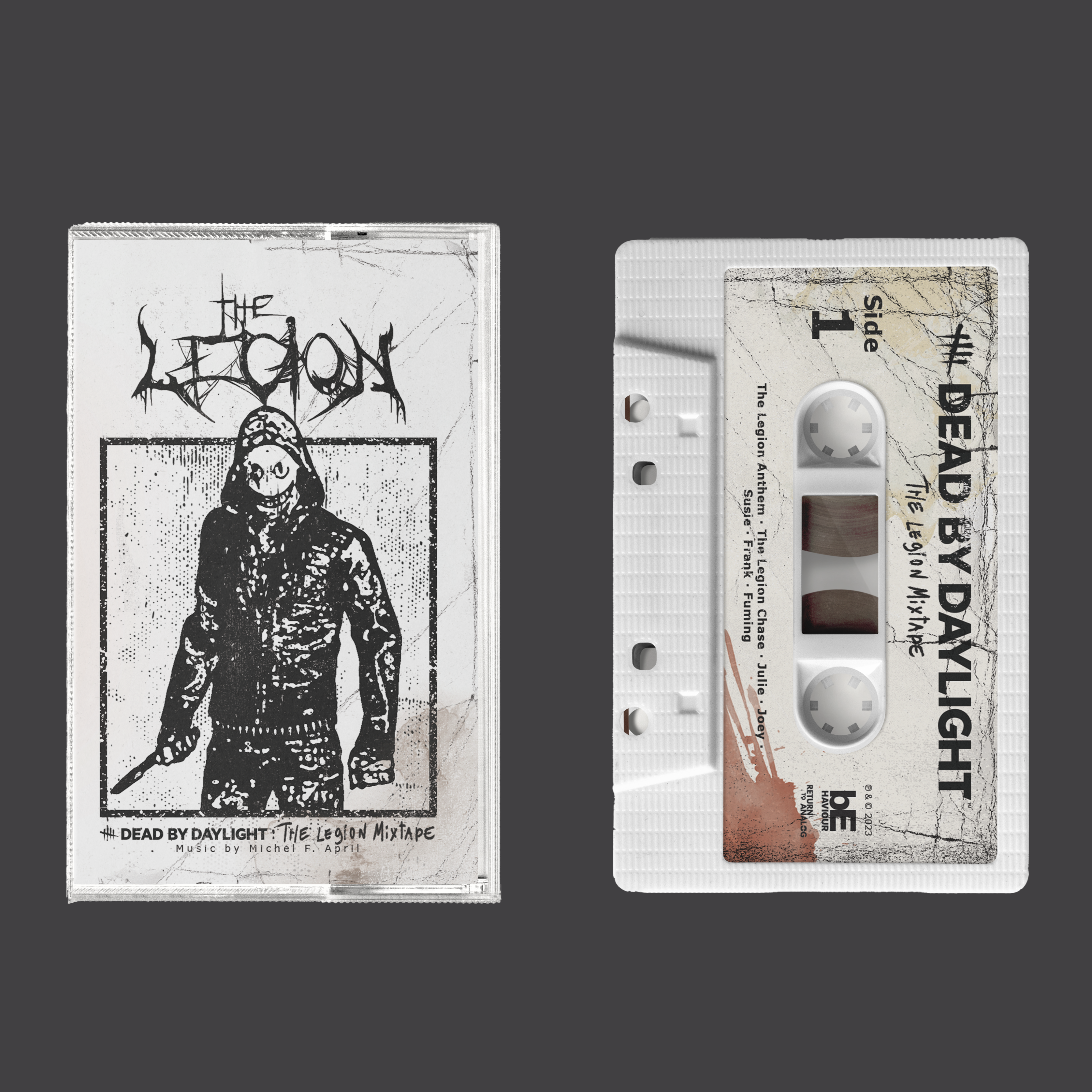 Two cassette tapes with 'The Legion' and 'Dead by Daylight' branding on a dark background