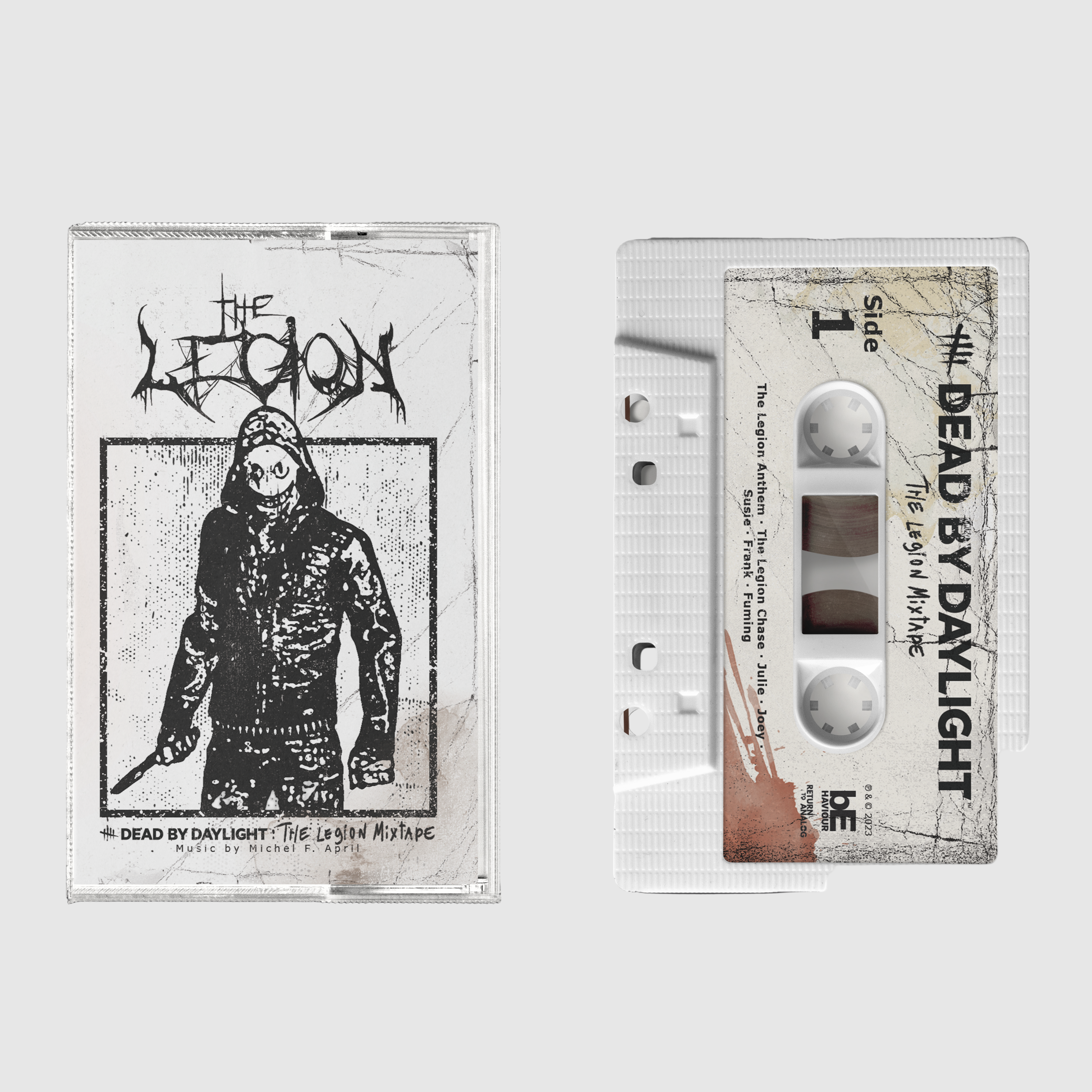 Two cassette tapes with 'The Legion' and 'Dead by Daylight' branding on a dark background
