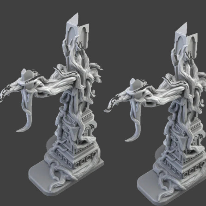 Set of two gray fantasy figurines on stands