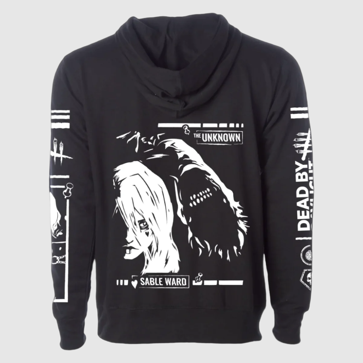 Black hoodie with a graphic print of a character from the game Dead by Daylight, named 'The Unknown', with white and gray design elements on the front and sleeves.