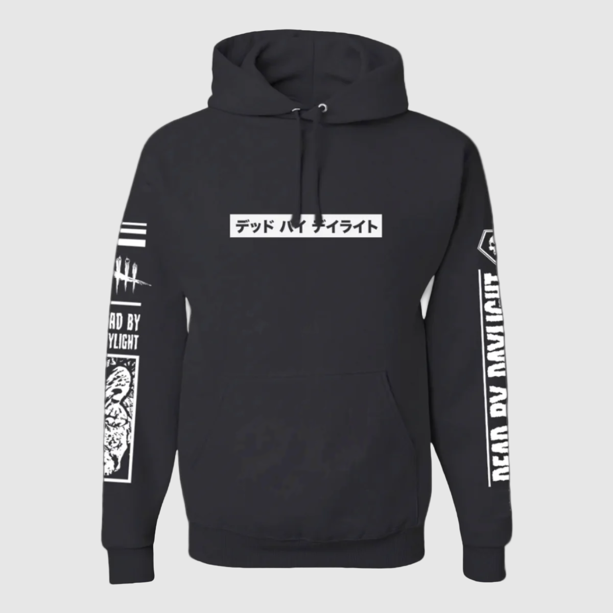 Dead by Daylight Black hoodie with white text and graphics on a white background