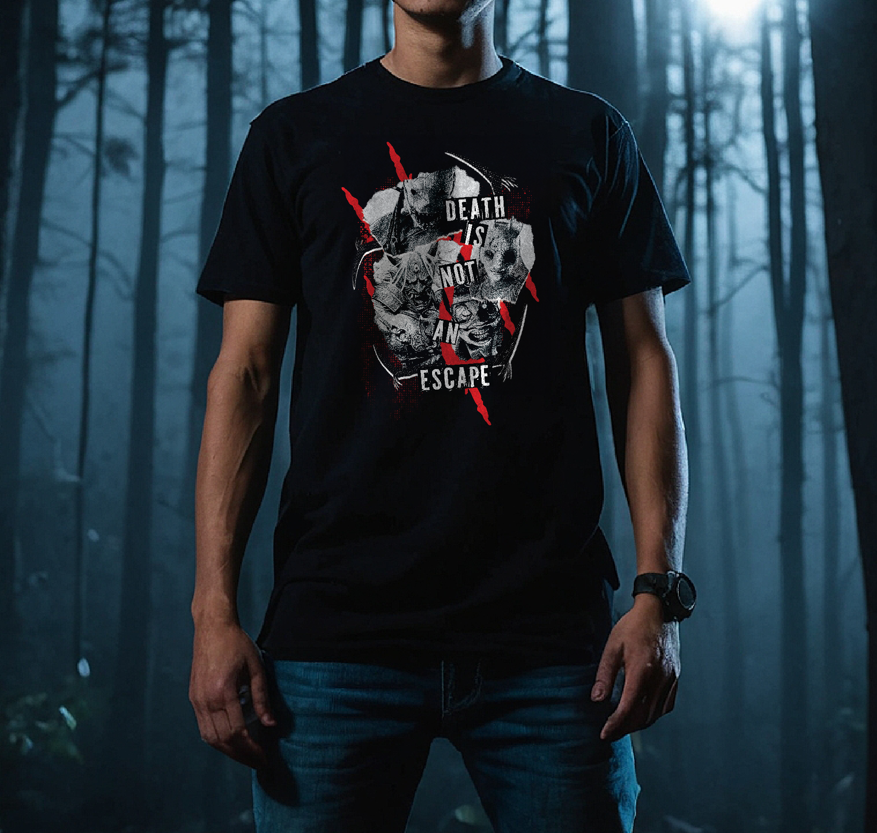 Person wearing a black t-shirt with a graphic design in a forest setting