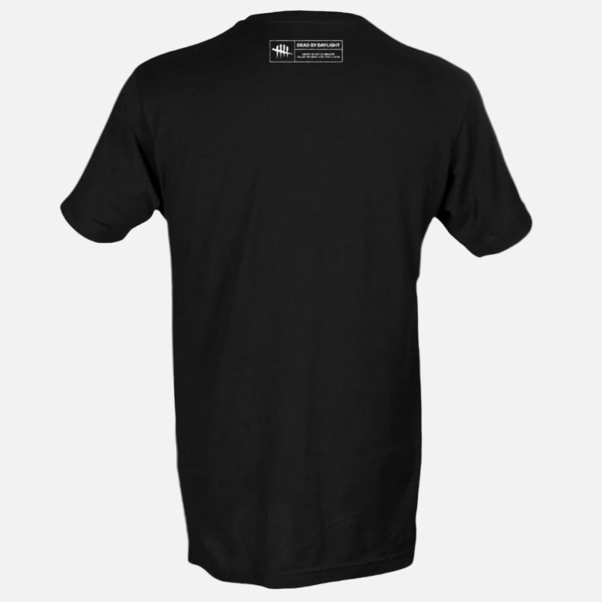 Black t-shirt with a small logo on the back against a dark background