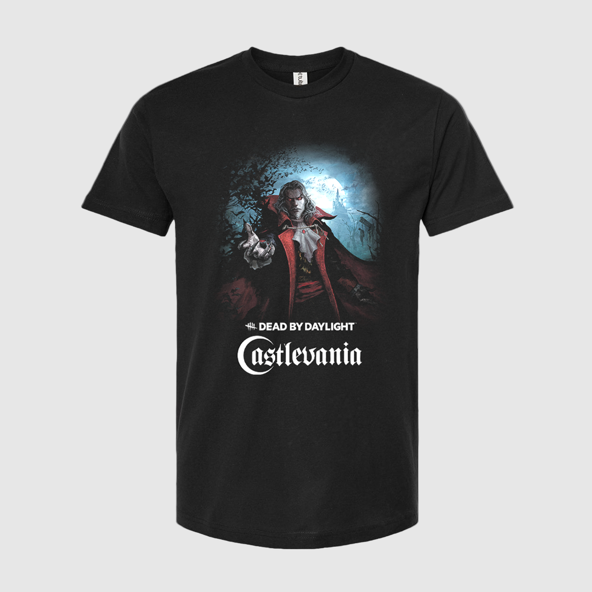 Black t-shirt with 'Dead by Daylight' and 'Castlevania' graphic design